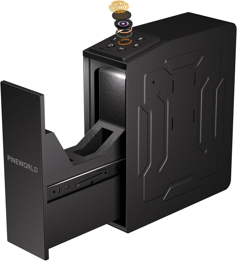 PINEWORLD Slider Biometric Handgun Safe with Auto Sliding Door&Interior Light, Bedside Pistol Safe with Quick Fingerprint/Passode/Key Access, Nightstand Handgun Case, Mounted Lock Box for Desk, Truck