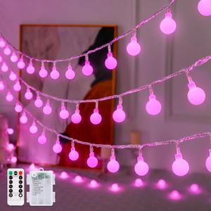 JMEXSUSS Globe String Lights Battery Operated - 100 LED White Fairy Lights Indoor Outdoor Waterproof 33FT Battery Powered String Lights with Remote for Wedding Bedroom Classroom Camping Decor (Pink)