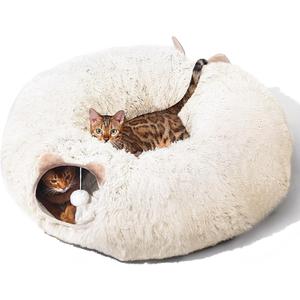 Cat Tunnel with Cat Bed for Indoor Cats, Soft Plush Peekaboo Cat Cave Donut Tunnel, Multifunctional Playground Toys Hideplace for Small Medium Large Kittens, Rabbit, Ferret (Cream White)