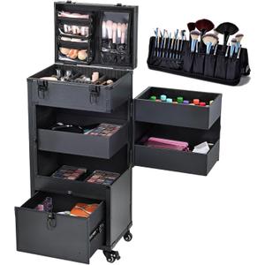Rolling Makeup Case on Wheels 6-in-1 Cart With Drawer/Polish Slots/Tool Pad