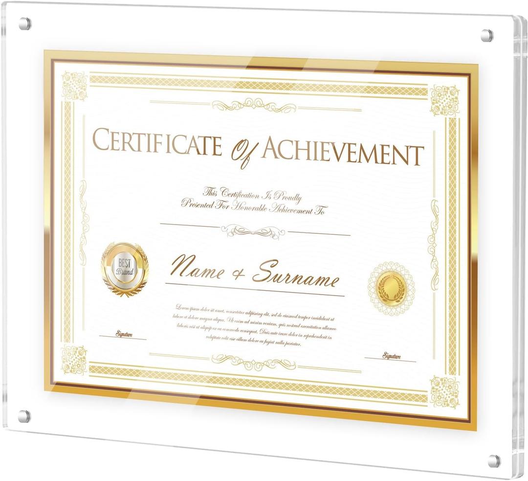 Clear Acrylic Frame, Fits 8.5x11, 11x14 and a4 Size Picture or Certificate, No Drill Wall Mounted Photo Frames, Self Adhesive Diploma Frames with Magnetic, Full Frame-11.6x14.6 Inch