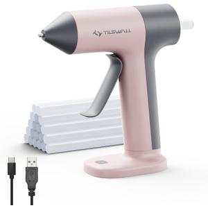 Tilswall Cordless Hot Glue Gun, 30s Fast Preheating with 2Ah Built-in Battery, Hot Melt Glue Gun with 20pcs Premium Glue Sticks, Smart Power-Off, USB-C Inputs Suitable for DIY Craft, Home Repair Pink