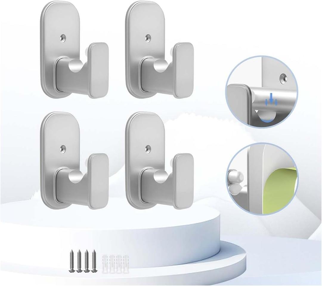 TKZTKZ No Drill Curtain Rod Brackets:Self Adhesive Curtain Rod Holders for Rods 5/8" Peel and Stick Curtain Rod Hooks for Bathroom,Kitchen,Dorm,Door,Silver,4 PCS(No Drill Adhesive/Drilling Hardware)