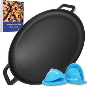 16 Inch Cast Iron Pizza Pan Round Griddle by StarBlue with FREE Silicone Handles and 30 Recipes Ebook Pre-Seasoned Comal, Kitchen Essentials for Pizza Lovers, Baking, Grill, BBQ, Stove Oven Safe