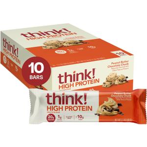 think! Protein Bars, High Protein Snacks, Gluten Free, High Fiber, Peanut Butter Chocolate Chunk, 10 Count BBD:01-07-26