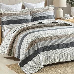 PANGUSHAN Quilt Set King Size, 100% Cotton Quilt Bedding Set Bedspreads, Patchwork Plaid Farmhouse Reversible Lightweight Comforter Bed Spread for King Bed, Gray/Brown, 3 Pieces