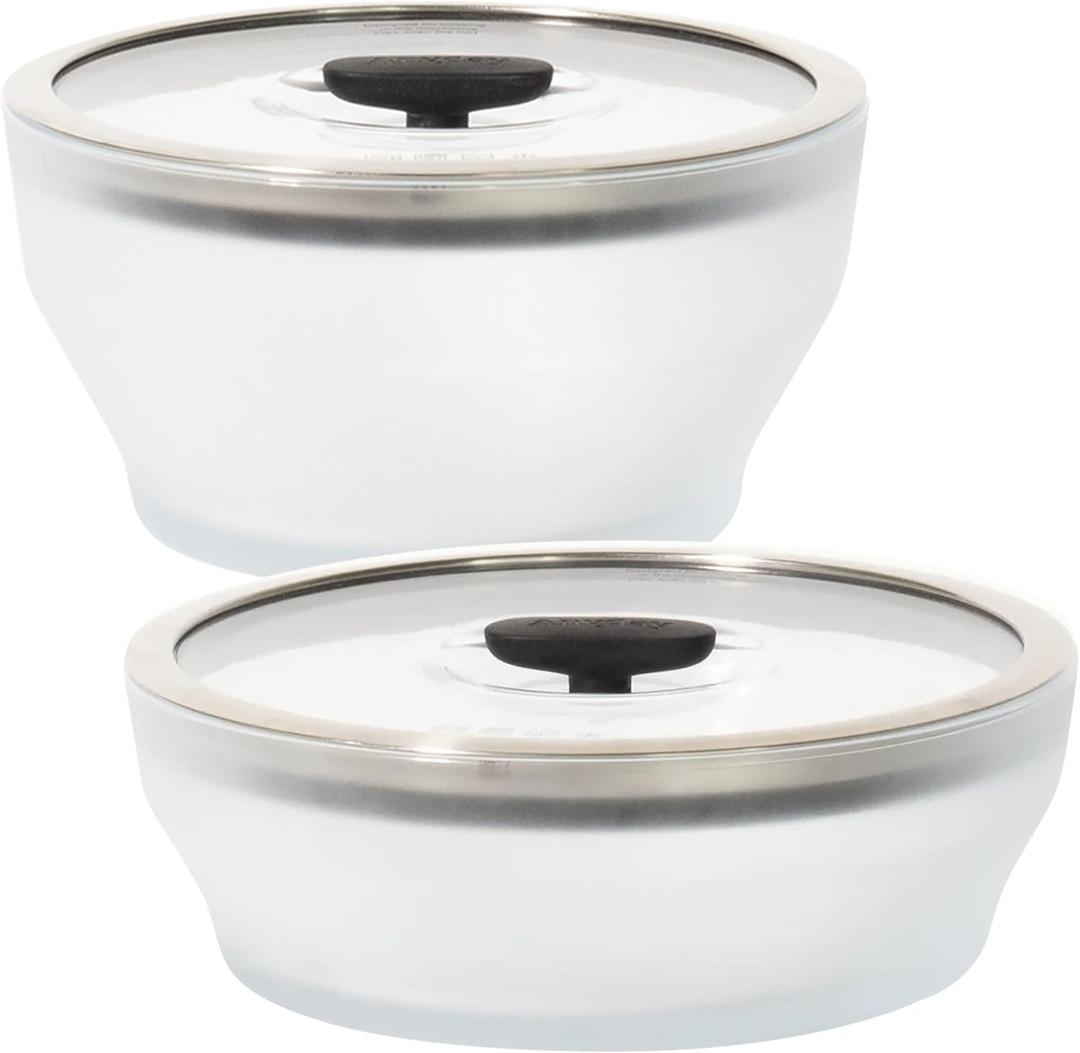 Anyday 4-Pc Microwave Cookware & Glass Food Storage Set with Glass Lids | Large Plastic-Free Containers | Stackable Steamer with Vented Lid for Microwave-Safe Reheating & Steaming Vegetables, Rice (Frosted - Black Sesame)