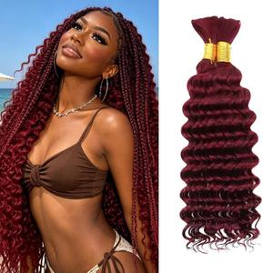 Human Braiding Hair for Boho Braids 2 Bundles Deep Wave Bulk Human Hair Braiding 99J Burgundy 100g/Pack 24 Inch Brazilian Virgin Human Hair No Weft Curly Extensions for Braid