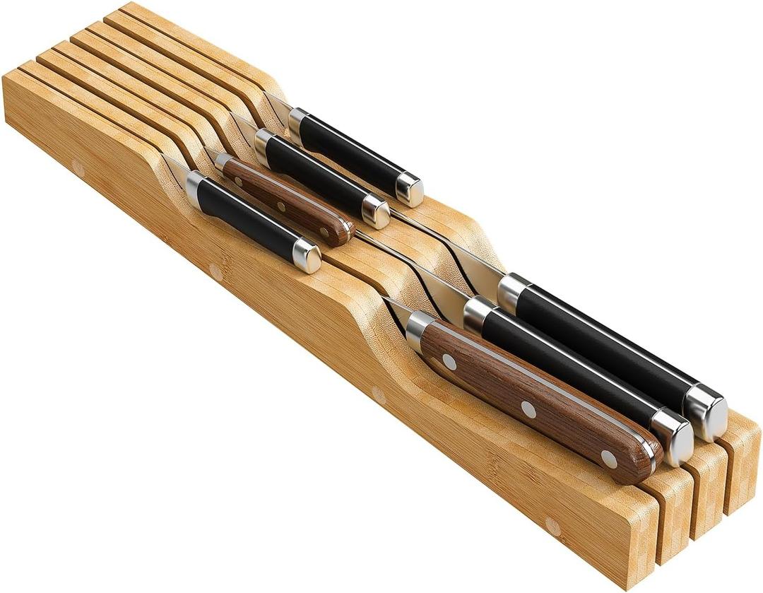 Bamboo In-Drawer Knife Block for 7 Knives(Not Included), Knife Drawer Organizer,Knife Holder Countertop,Block Knife Storage Organizer for Kitchen