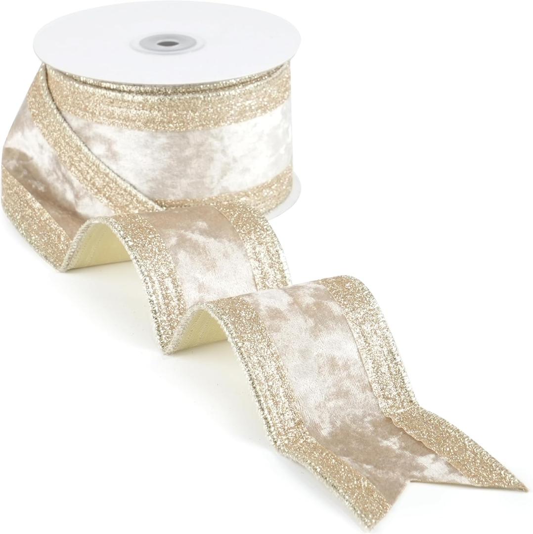 Champagne Gold Velvet Wired Ribbon 2.5" X 10 Yards Champagne Velvet with Gold Glitter Border Stripe Christmas Ribbon for Tree, Wreath Supplies, Garlands Making
