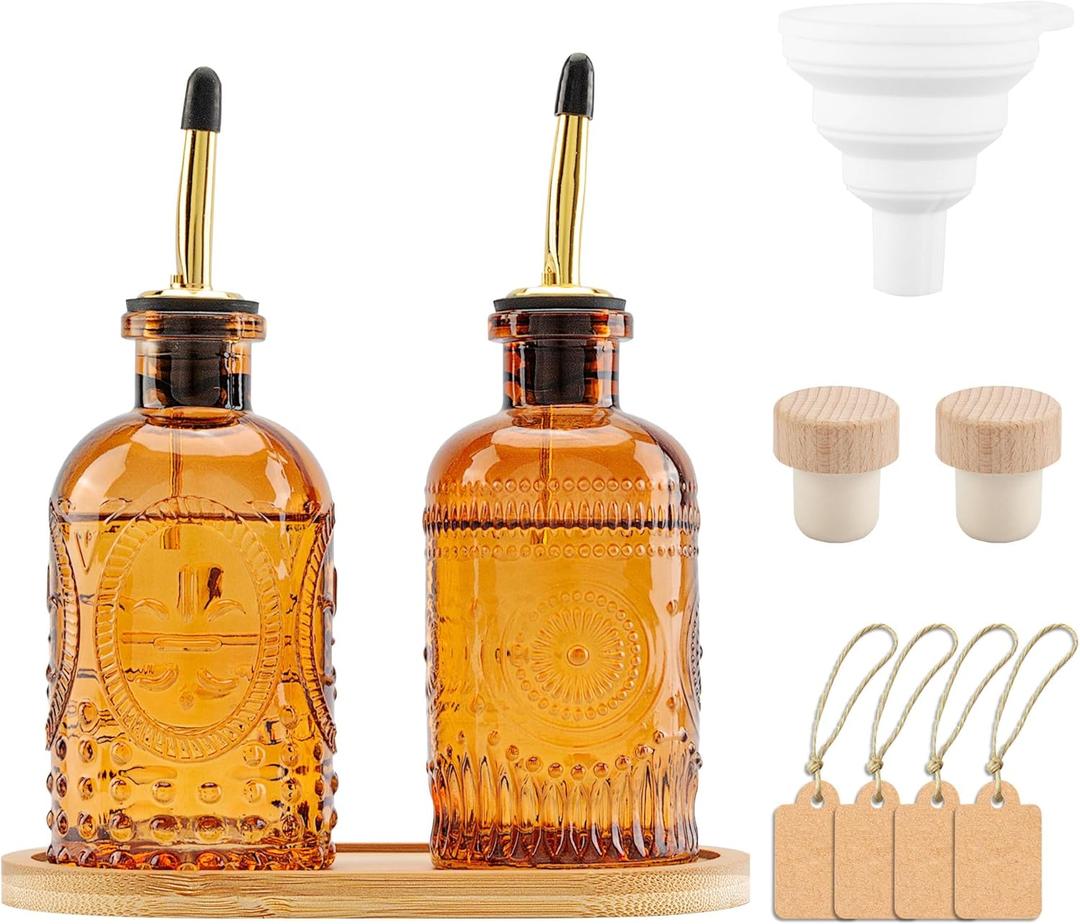 Olive Oil Dispenser Bottle for Kitchen, Elegant 8.5oz Oil Dispenser with Stainless Steel Pourers, Coffee Syrup Dispenser Bottles with Funnel, Glass Oil Dispenser for Kitchen-2pcs (Brown)