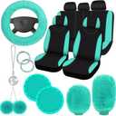 Fulmoon 17 Pcs Car Seat Cover Full Set for Women Universal Fit Car Front Rear Fluffy Steering Wheel Fleece Handbrake Shift Covers Hanging Accessory Holder Ring Emblem(Mint Green Black)