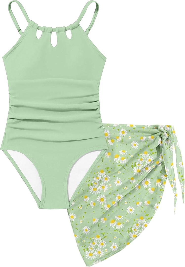 KANGKANG Girls Swimsuit Quick Dry Cut Out One Piece Swimsuits with Tropical Print Cover Up Skirt Bathing Suit Swimwear 7-18Y (13-14 Years, Dark Blue-3)