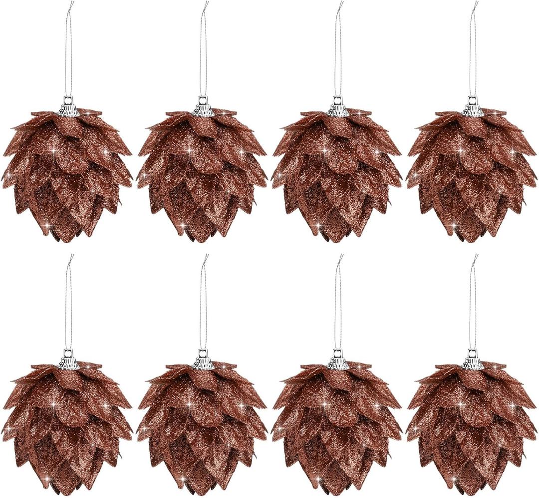 Jetec 8 Pieces Christmas Ornaments Glitter Christmas Tree Hanging Decoration Decorative Artificial Pine Cones Flowers Hanging Ornaments for Winter Wreath Holiday Decor(Brown Gold Color)