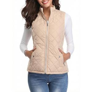 Fuinloth Women's Lightweight Warm Puffer Quilted Vest - 4-Pockets Stand Collar Zip Gilet, Fall Winter Outerwear Beige 2XL