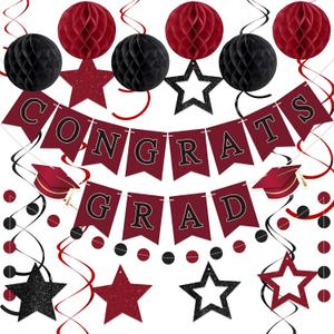 Seenelling 2026 Graduation Decoration Congrats Grad Banner with Hanging Swirl Honeycomb Ball Circle Garland Grad Party Supplies for College Senior High School Classroom Decor(Burgundy and Black)