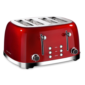 Roter Mond 4 Slice Toaster Retro Stainless Steel with Bagel Defrost Cancel Function, 6 Browning Settings, Extre Wide Slot and Removable Crumb Tray, Red, ST033
