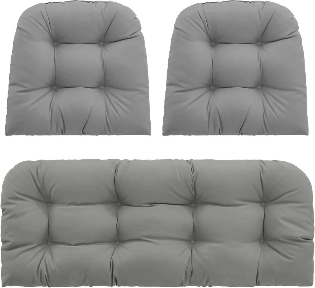 Outdoor Wicker Chair Cushions Set of 3, Waterproof Wicker Cushion for Patio Furniture, 1 Loveseat Cushion 41×19×4 inch and 2 U-Shaped Cushion 19×19×4 inch, Gray
