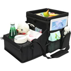 COOLBEBE Car Seat Organizer, Backseat Car Organizer with Cup Holders for Kids and Adults Travel, Cooler Compartment Passenger Seat Organizer Storage Box for Front or Middle Seat, Black