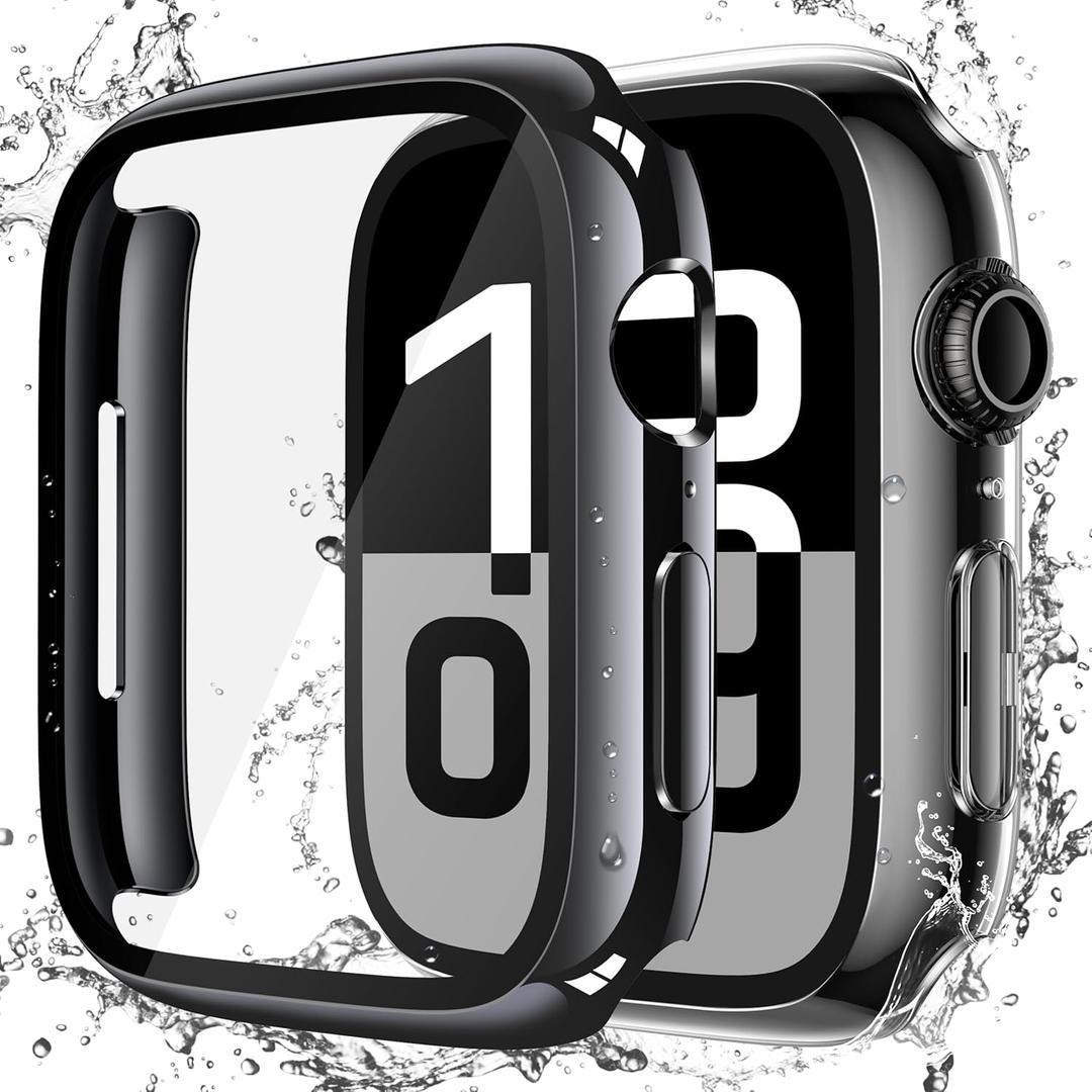 Misxi [2 Pack] Waterproof Hard Case with Tempered Glass Compatible with Apple Watch Series 11 (2025) Series 10 42mm, Overall Protective Cover for iWatch Screen Protector, 1 Jet Black + 1 Transparent
