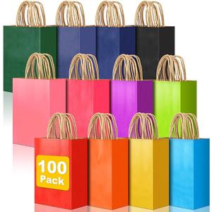 100 PCS Small Gift Bags with Handles, 5.91"x3.15"x8.27" Party Favor Bags, 12 Colored Goodie Bags for Birthday Party, Kraft Paper Gift Bags Bulk for Wedding, Baby Shower, Celebrations, Party Supplies