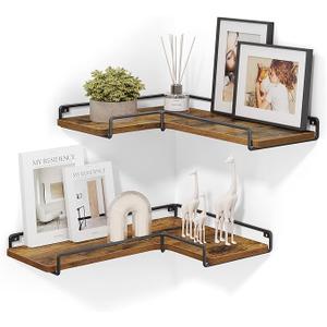 VASAGLE Corner Shelf Wall Mount Set of 2, Corner Floating Shelves, Small Corner Wall Shelf for Decor Storage, for Living Room Bedroom Kitchen Bathroom, Rustic Brown and Black ULLS831B01