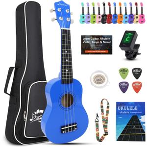 Ukulele for Beginners Hawaiian Wood Soprano Ukelele Starter Kit for Kids Adult Student Ukalelee Uke Bundle Pack with Free Lessons Gig Bag Tuner Strap Picks Nylon Strings (Navy Blue, 21 Inch)