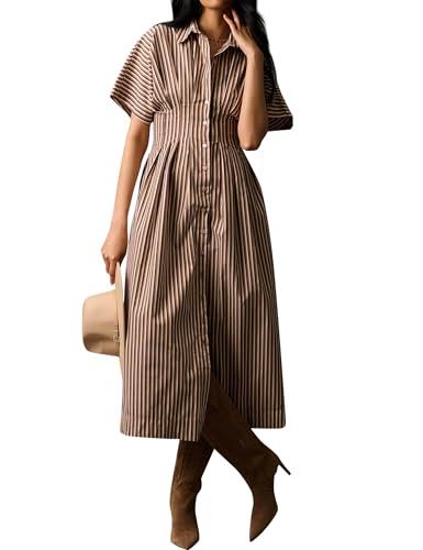 SAFRISIOR Women Button Front Pleated Shirt Dress Brown Summer Striped Short Sleeve Lapel V Neck Corset Maxi Dress Size L