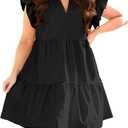 Fisoew Plus Size Dresses for Women Summer Ruffle Short Sleeve V Neck Dress Tiered Swing A Line Babydoll Mini Dress, Black, XL