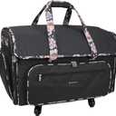 Everything Mary XXL Rolling Sewing Machine Case  Black & Floral Trim Wheeled Craft Bag  Spacious Organizer with 4 Wheels & Multiple Pockets for Sewing Supplies