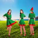 Elf Dress for Women Costume,Holiday Hat, Red Striped Stockings, Rubber Band Belt 4-Piece Set (Sizes: S, M, L, XL) (Green, L)