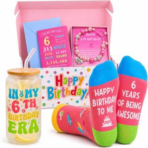 HAPPYPOP 6th Birthday Gifts for Girls - in My 6th Birthday Era Gift Set with 13oz Glass Tumbler, Bracelet & Cute Socks for Daughter Granddaughter