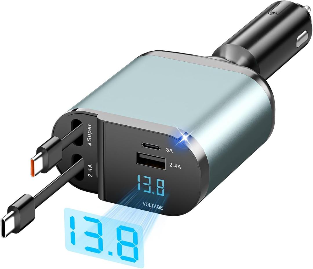 69W Retractable Car Charger, 4-in-1 Type C Fast Car Charger with 2.6ft Retractable Cables, USB C & USB A Ports, Compatible with iPhone 16/15/14/13/12/11, Galaxy, Pixel, Samsung (Grey)