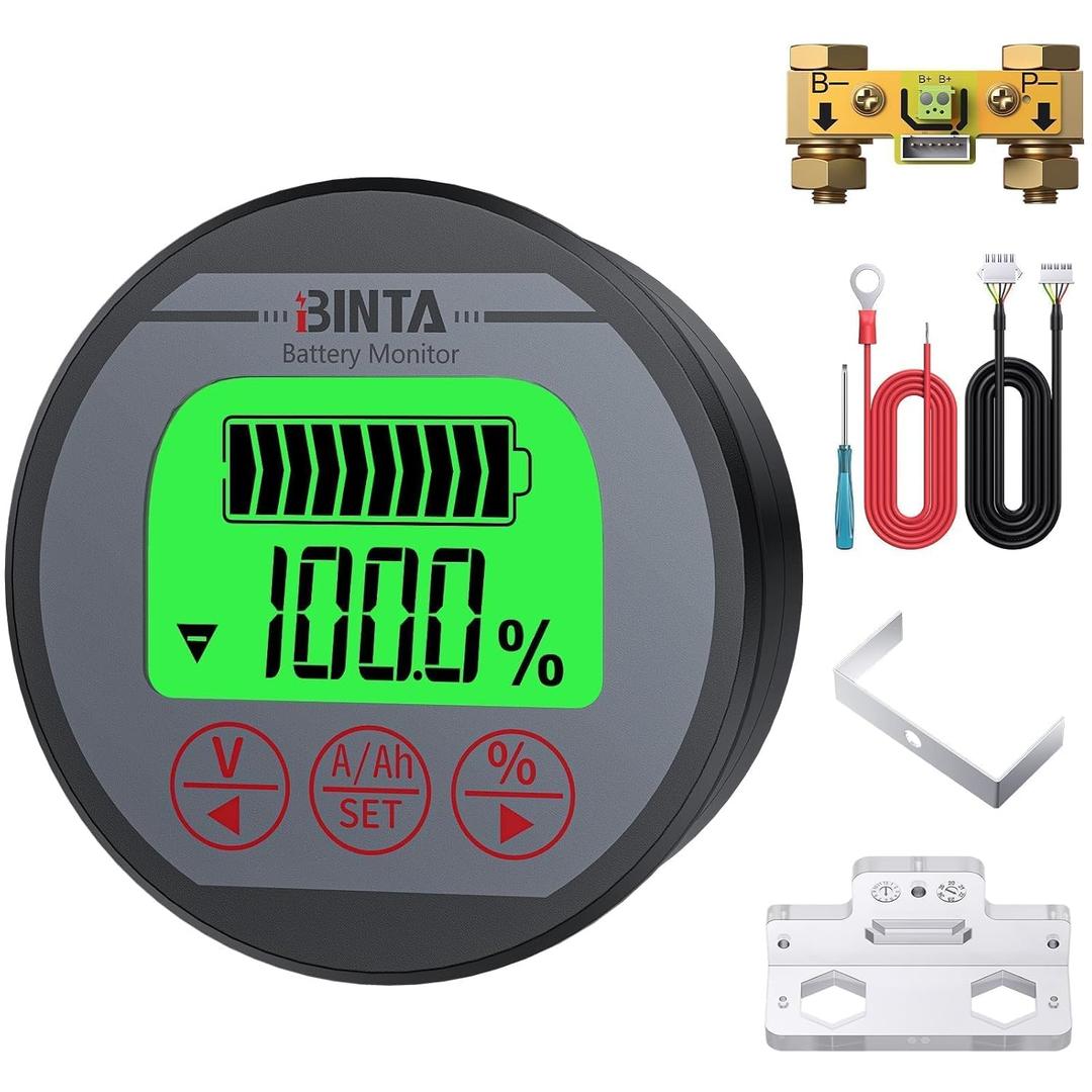 BINTA Battery Monitor with Shunt 8-120V 0-500A Voltmeter Ammeter, Voltage Current Meter, Backlight Waterproof Battery Monitor for Auto Car Motor RV Motorhome Golf Cart Trucks Boat Solar Panel
