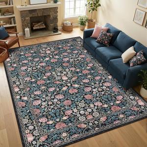 GarveeHome Indigo Blue and Pink Vintage Floral Washable 5x7 Area Rugs for Living Room Boho Retro Rug Low Pile Stain Resistance Non Slip Carpet for Bedroom Nursery Dining Room
