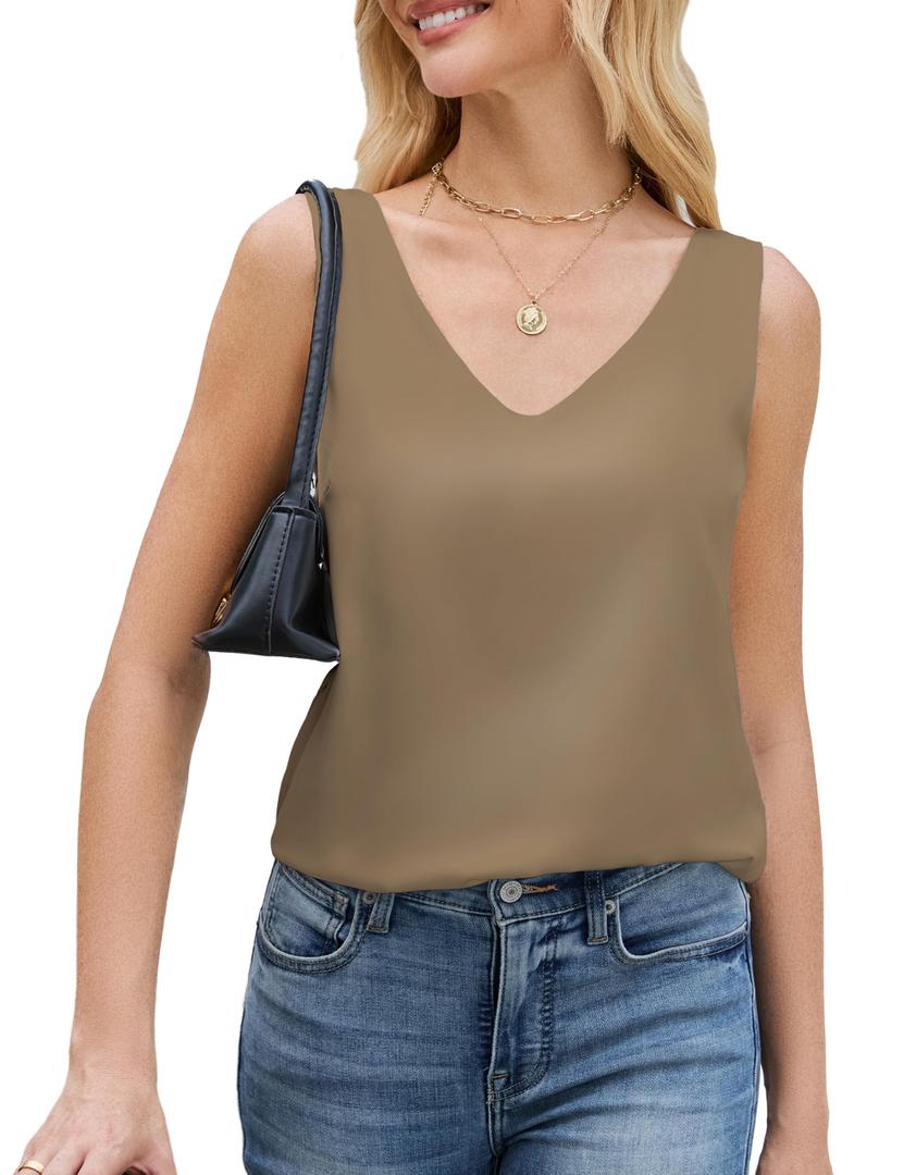 JTD Womens Silk Satin Tank Tops V Neck Dressy Casual Sleeveless Blouses Cami Camisole Summer Basic Tank Shirt Khaki (M)