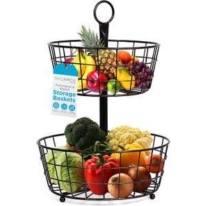 BIRDROCK HOME 2 Tier Wire Fruit Basket Bowl - Round Metal Standing Storage Baskets for Kitchen Counter - Tiered Vegetable, Garlic Caddy Stand - Rustic Farmhouse Decor - Metallic Iron Style - Black