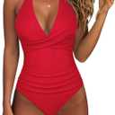 SUUKSESS Women Sexy Tummy Control One Piece Swimsuits Halter Push Up Bathing Suits (Red, XL)
