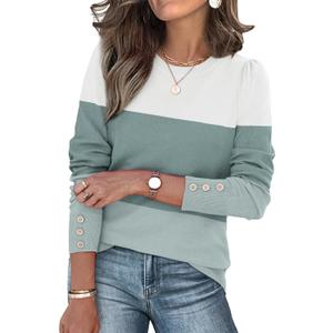 Womens Sweaters Fall Fashion 2025 Long Sleeve Button Cuff Soft Knit Pullover Trendy Tops Dressy Casual Blouses (Large, White Green Blue)