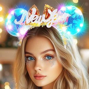 Yean Light Up New Year Headband Mouse Ears Headbands Bow Kot Hair Accessories for Women (Gold-Color Light, One size)