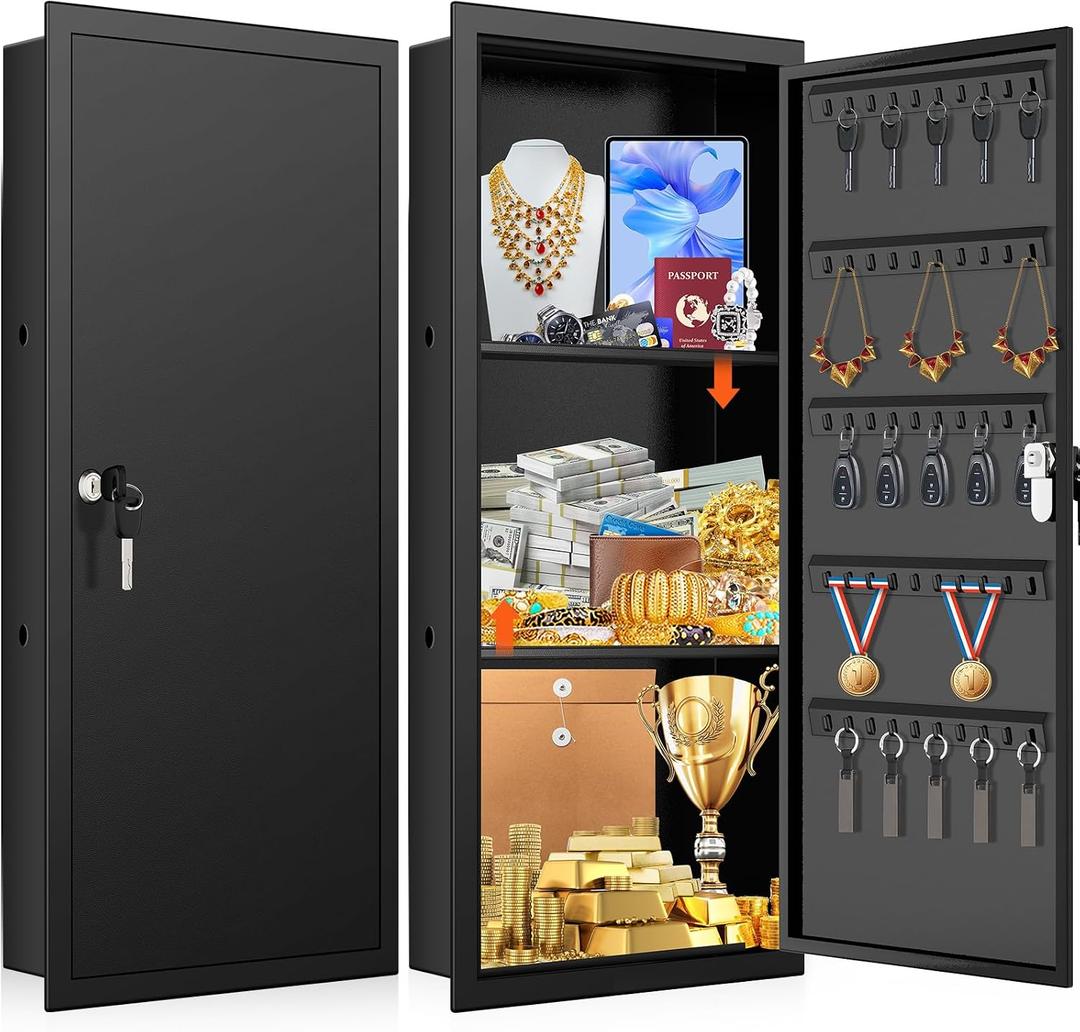 31.5" Tall Wall Safes Between the Studs with 2 Removable Shelf, Lockable Hidden Safe Box with 50 Hooks for Keys Jewellery, in Wall Safe for Money Medicines Valuables