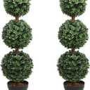 Artificial Topiary Ball Tree, 35inch Fake Topiaries Triple Ball Trees, Hold Nature 2Pack Faux Boxwood Plants Potted for Indoor Outdoor Decor (Set of 2) (Dark Green)