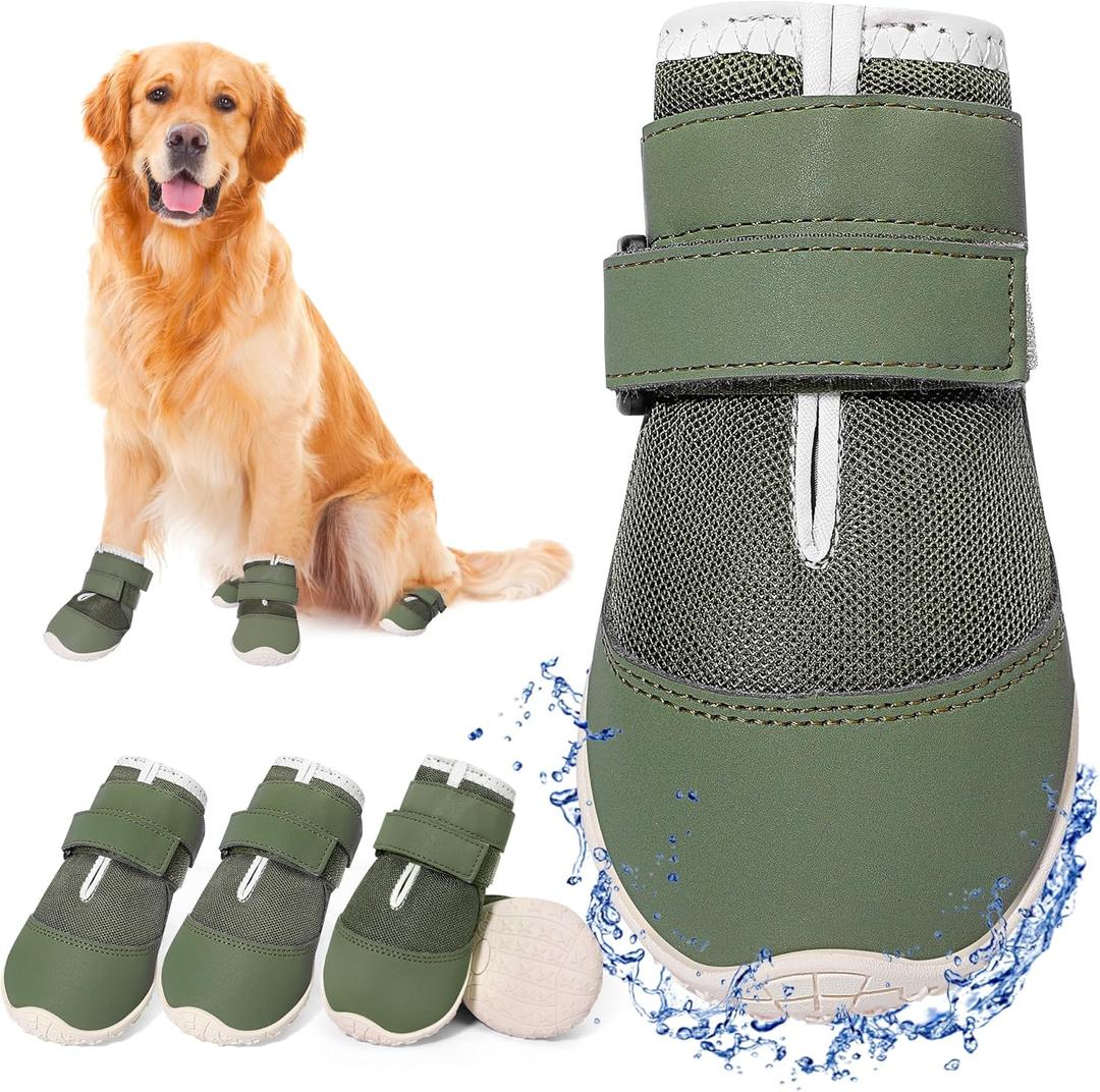 DcOaGt Dog Shoes for Large Dogs, Mesh Breathable Dog Boots & Paw Protectors for Hot Pavement Summer Winter Snow, 360 Anti-Slip Dog Booties for Hiking/Walking,Military Green 4PCS(Size 7)
