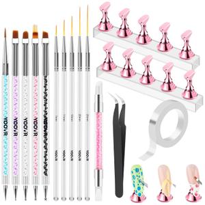YOOVR Nail Art Tools Set, Nail Stand for Press on Holder for Painting Nails, Nail Art Brushes and Dotting Tools, Nail Design Tools Supplies, Gel Polish and Builder Brush, French Tip Brush, Liner Brush