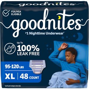 Goodnites Boys' Nighttime Bedwetting Underwear, Size Extra Large (95-120 lbs), 48 Ct (2 Packs of 24)