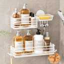 LEVERLOC Shower Caddy Suction Cup, 2 Pack Shelves for Inside with Hooks and Soap Holder, NO-Drilling Bathroom Holder, Rustproof Metal Bathroom Organizer, White