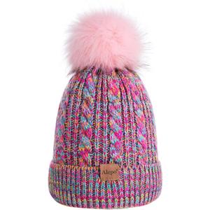Alepo Kids Winter Beanie Hat, Children's Warm Fleece Lined Knit Thick Ski Cap with Pom Pom for Boys Girls (Mix Rainbow)