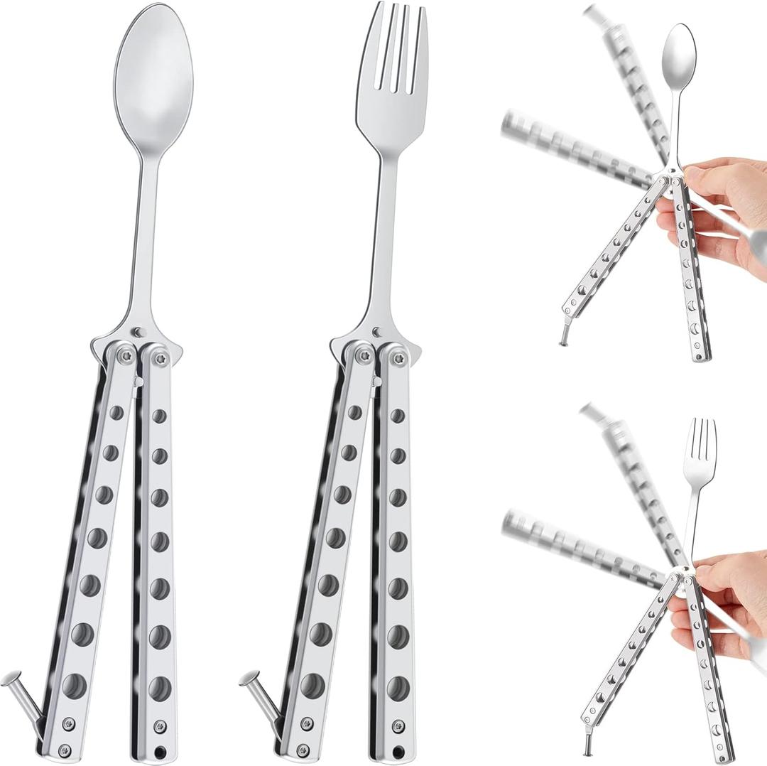 Flutesan 2 Pcs Butterfly Fork and Spoon Set, Tactical Butterfly Spoon Folding Stainless Steel Spork Utensil Set Balisong Trainer for Travel Camping Hunting BBQ Kitchen(Silver)