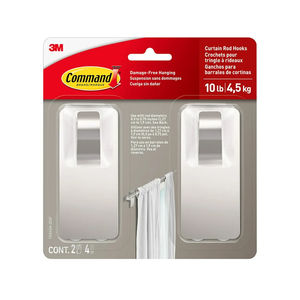 Command 10 lb Satin Nickel Curtain Rod Hooks, 2 Hooks and 4 Command Strips, Damage Free Curtain Rods Hangers with Adhesive, No Drilling Home and Room Decor