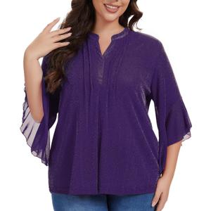 Betu Womens Ruffle 3/4 Sleeve V Neck Double Layers Mesh Blouses Loose Fit Flowy Tunic Tops, M-5XL (Purple)